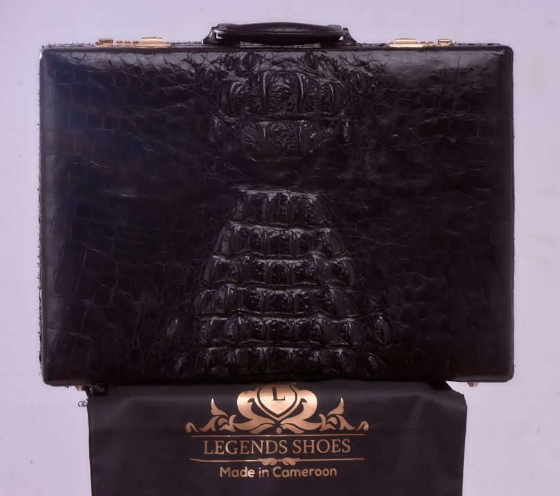 Black Saltwater Crocodile Head/Tail Combo Wooden Laptop Briefcase