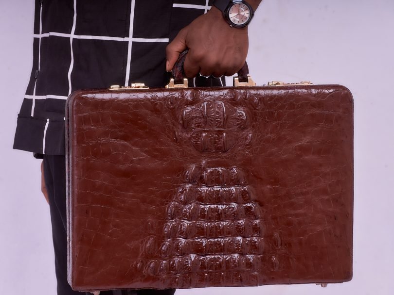Brown Saltwater Crocodile Head/Tail Combo Wooden Laptop Briefcase