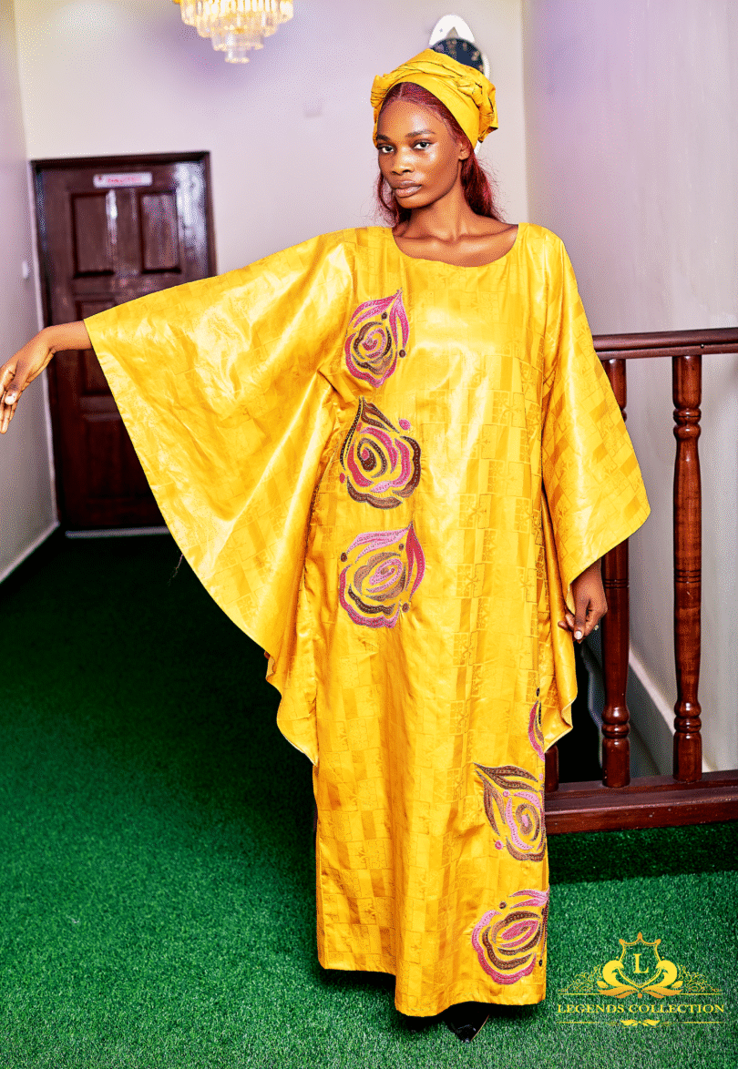 Long gold dress in rich bazin