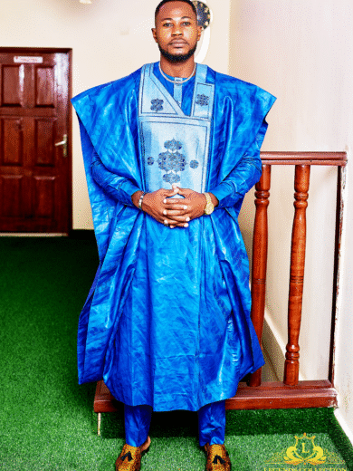 African men's clothing in blue, three pieces with rich bazin embroidery