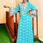 Sky blue embroidered dress in bazin and wax