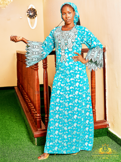 Sky blue embroidered dress in bazin and wax