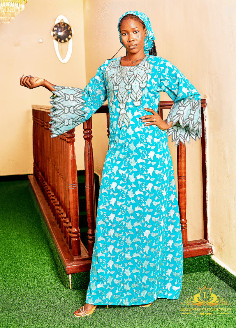 Sky blue embroidered dress in bazin and wax