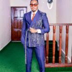 Midnight blue double-breasted jacket with Ndop patterns