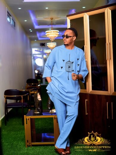 Men's sky blue saillon set with embroidery.