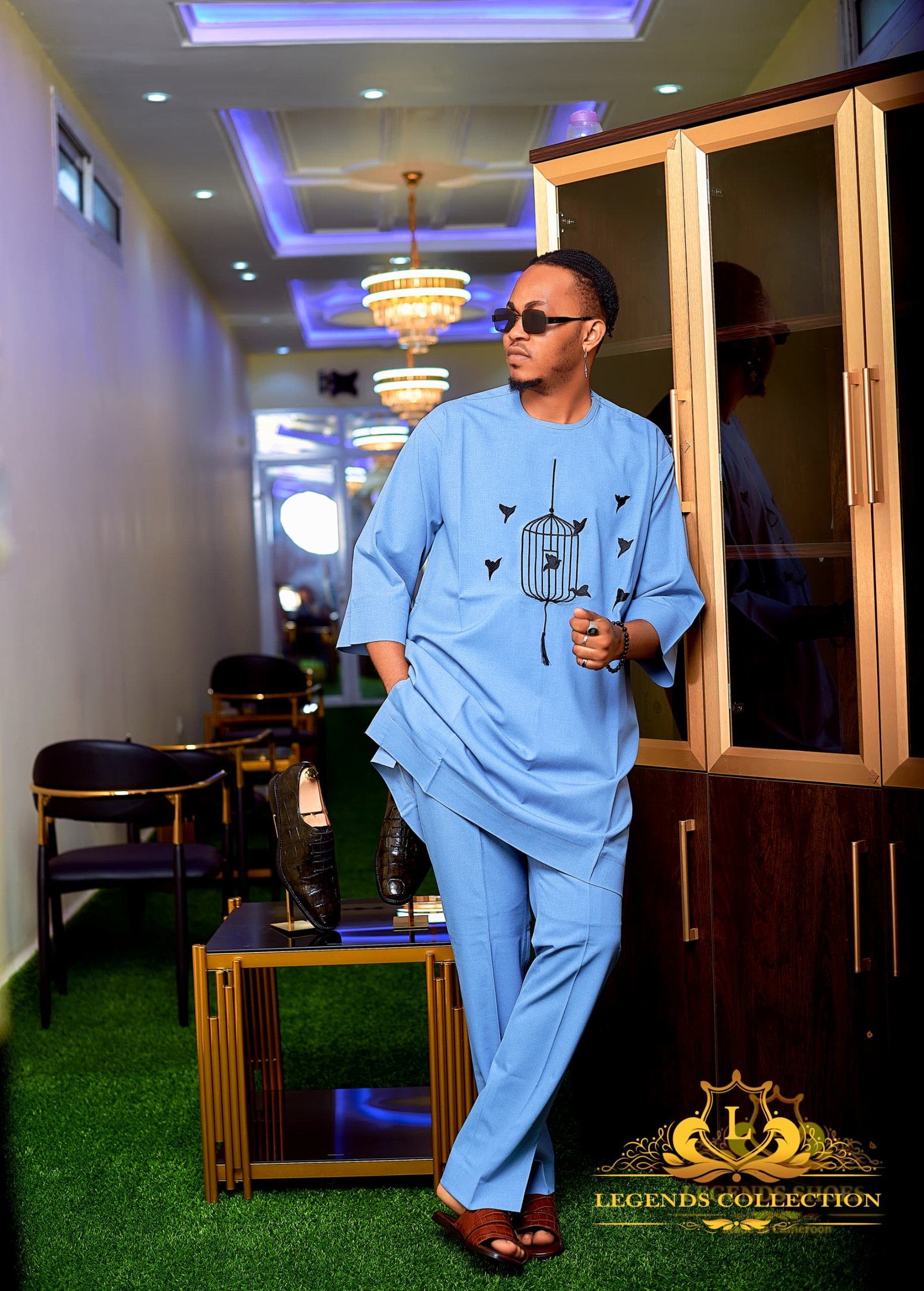 Men's sky blue saillon set with embroidery.